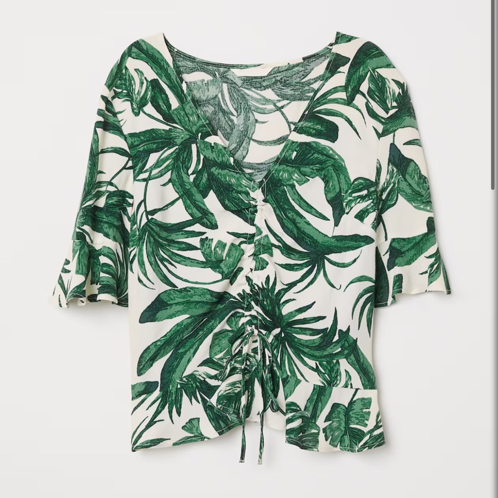 H&M • Cream Green Floral • Drawstring Crop Top • Size 2